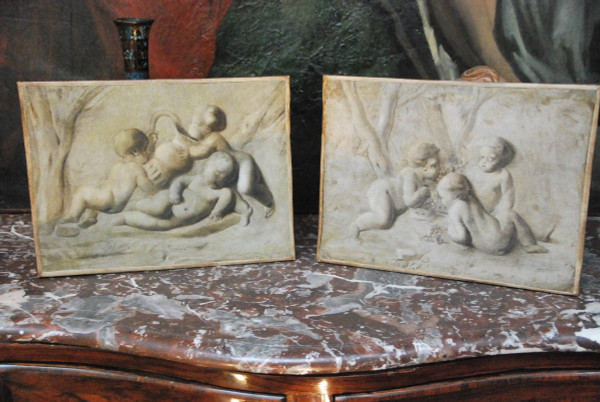 Pia Sauvage, Paire De Petites Toiles Jeux De Putti, 18th century