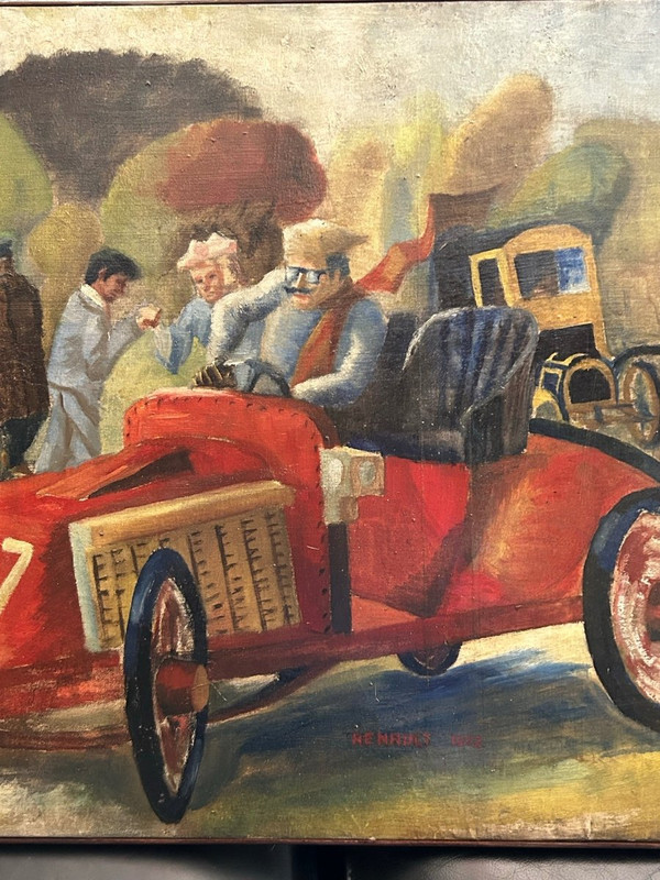 Les Vielles Voitures - Oil On Canvas Tableau De J Mint - Renault 1902