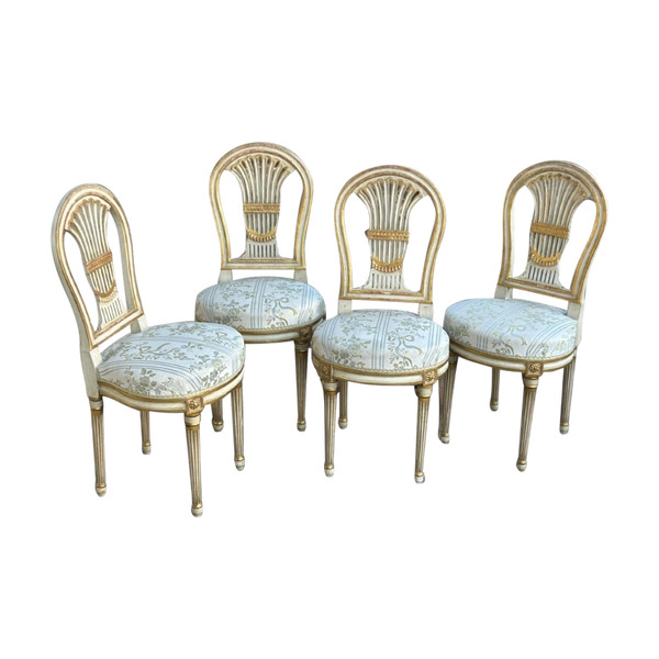 Suite De Quatre Chaises Montgolfières De Style Louis XVI - Bois Laqué Et Doré