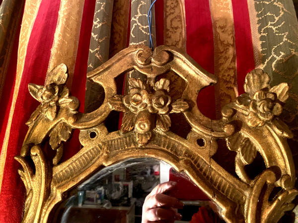 Beautiful cartridge mirror between two in gilded wood, Louis XV style, openwork period late 18th century