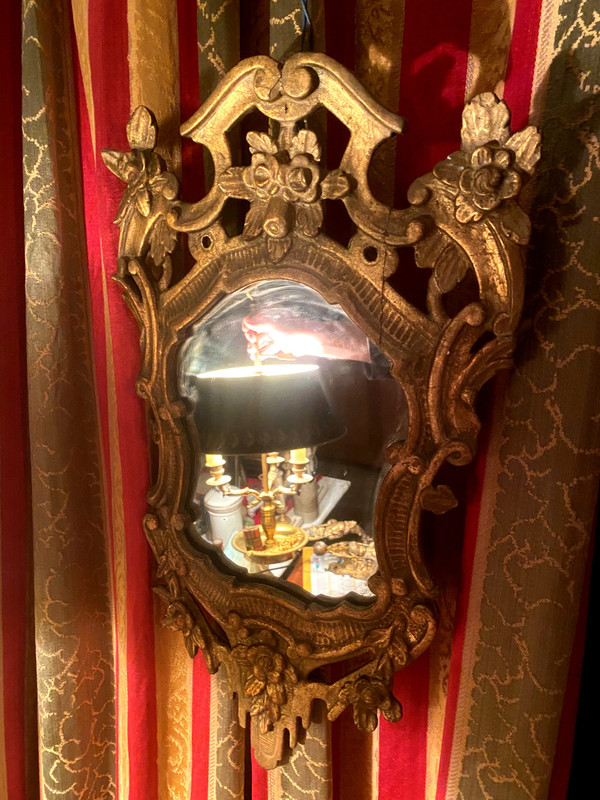 Beautiful cartridge mirror between two in gilded wood, Louis XV style, openwork period late 18th century