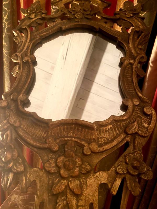 Beautiful cartridge mirror between two in gilded wood, Louis XV style, openwork period late 18th century