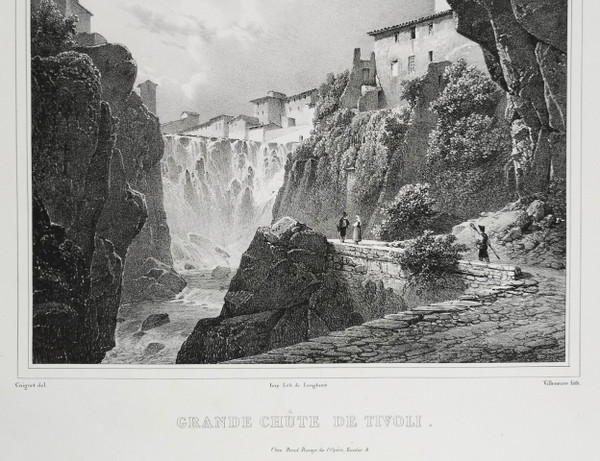 Tivoli Waterfall After Coignet 19th Lithograph Langlumé Old Print