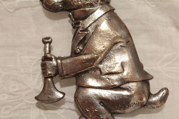 Silvered bronze plaque 'Rabbit with bugle' signed M. Podiebrad circa 1920-1930