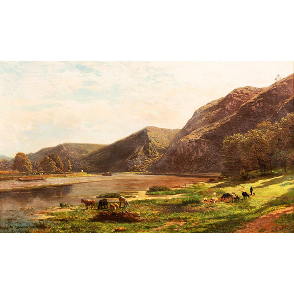 Au bord de la Meuse près de Waulsort par François Roffiaen (1820-1898) Huile sur toile