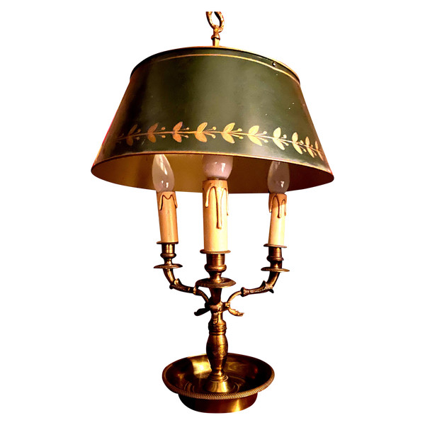 Lampe Bouillotte en bronze de Bureau ou de Bibliothèque , abat-jour en métal règlable laqué vert Emp