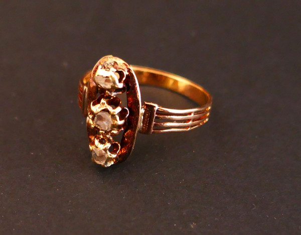 Old Ring Set With 3 Rose Cut Diamonds, Horse Head Hallmark, 18 Carat Rose Gold.