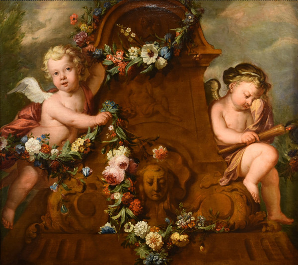 Jacob De Wit (amsterdam, 1695 - 1754), Pair Of Cupids With Garland Of Flowers