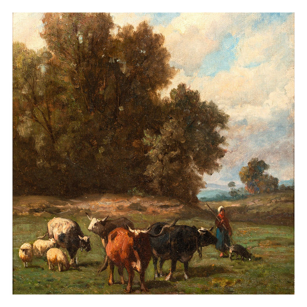 Shepherdess at the edge of the forest oil on canvas by Louis Robbe