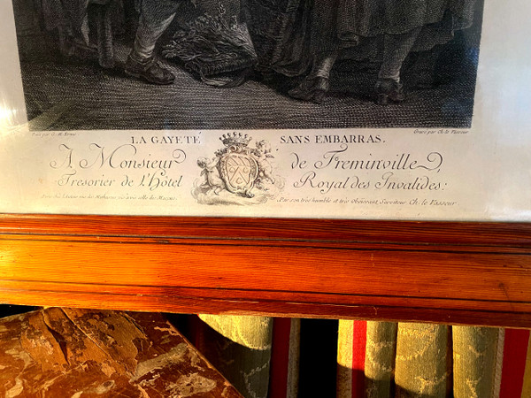 Bellissima incisione del XVII secolo "La Gayeté sans Embarrass" cornice originale dedicata al signor de Fréville