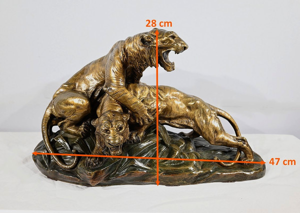 Bronze group "Combat de Tigres", signed E. Drouot - Late 19th century