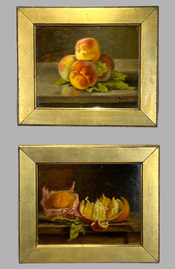 PAIR OF PAINTINGS /HUILES SUR CARTON /SIGNED J.GUERIN "NATURE MORTE AUX FRUITS