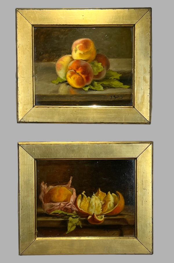 PAIR OF PAINTINGS /HUILES SUR CARTON /SIGNED J.GUERIN "NATURE MORTE AUX FRUITS