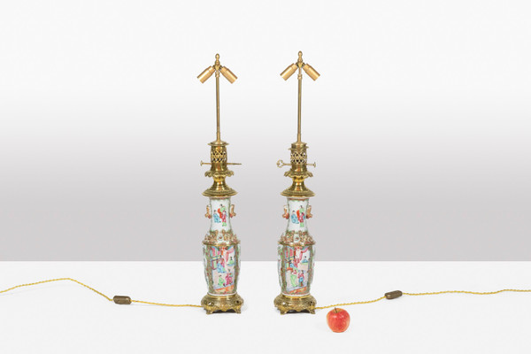 Pair of Canton porcelain and bronze lamps. Circa 1880.