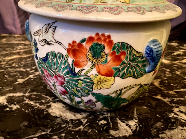 Ornamental Chinese porcelain ginger pot decorated with Lotus flowers, foliage and birds.