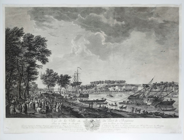 Incisione Marine Vue Du Port De Bayonne Di Cochin e Le Bas dopo J. Vernet XVIII secolo