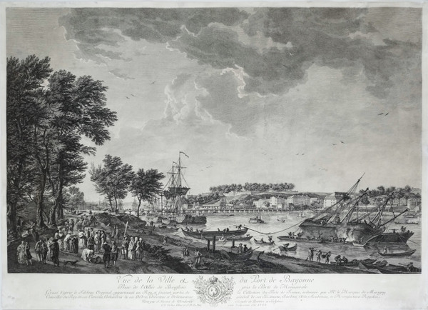 Incisione Marine Vue Du Port De Bayonne Di Cochin e Le Bas dopo J. Vernet XVIII secolo