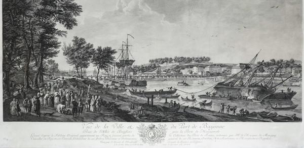 Incisione Marine Vue Du Port De Bayonne Di Cochin e Le Bas dopo J. Vernet XVIII secolo