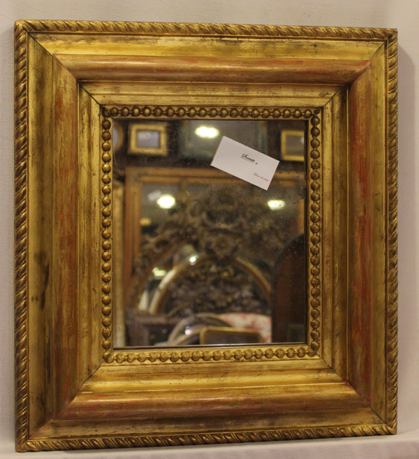 Antique Gilded And Beaded Mirror, Square Format, Glace Mercure 43 X47 Cm