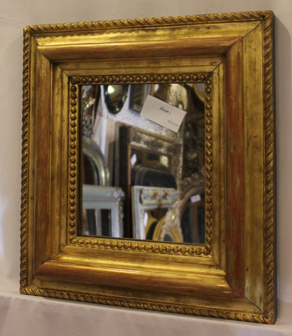 Antique Gilded And Beaded Mirror, Square Format, Glace Mercure 43 X47 Cm