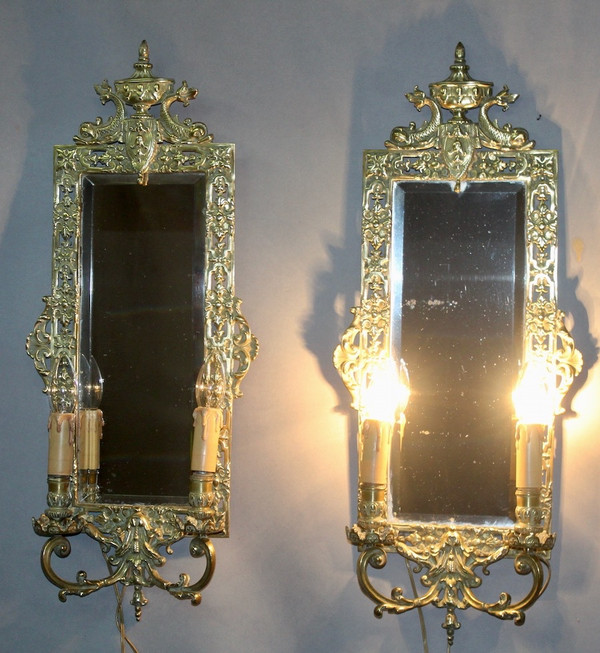 Pair of Bronze Wall Lights With 2-Light Mirror