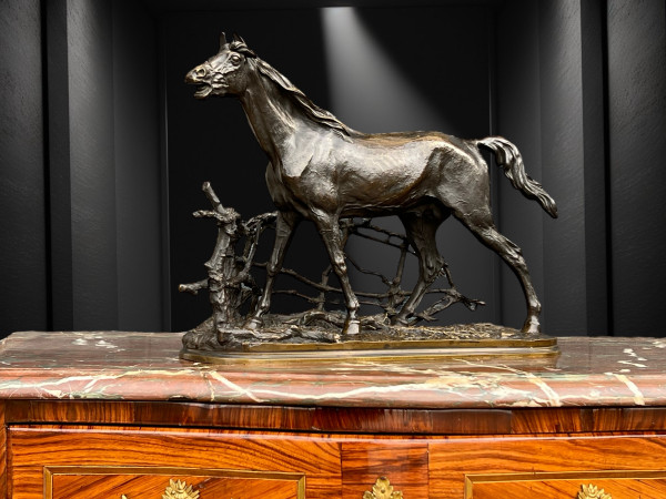 PIERRE JULES MÊNE BRONZE SCULPTURE "CHEVAL A LA BARRIERE DJINN ÉTALON BARBE