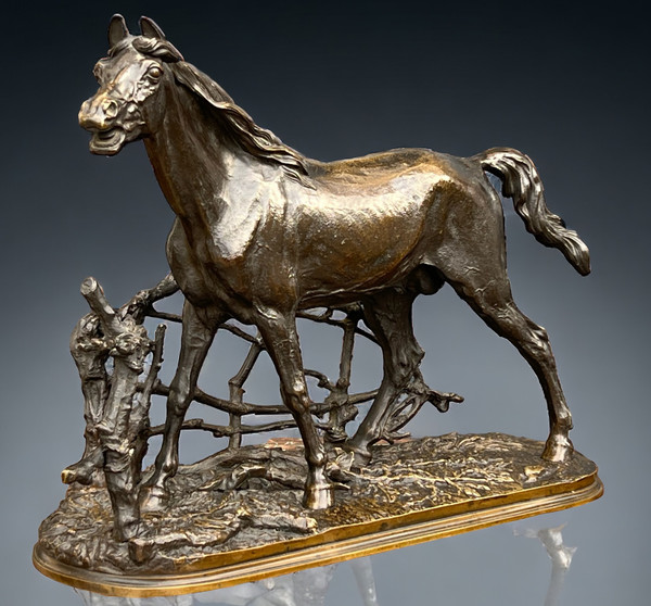 PIERRE JULES MÊNE BRONZE SCULPTURE "CHEVAL A LA BARRIERE DJINN ÉTALON BARBE