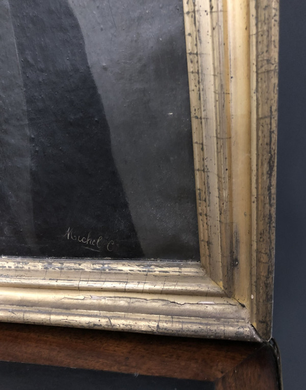 Old framed portrait of a notable signed MICHEL C. gilded frame with gold leaf Oil on canvas XIX