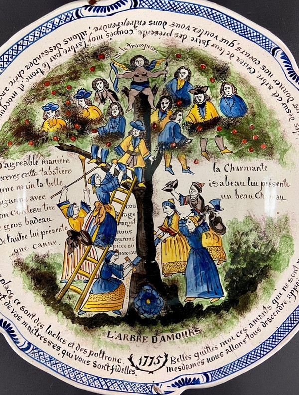 France, Auxerrois, End of the 19th Century, Polychrome Earthenware Salad Bowl Said "to the Tree of Love.