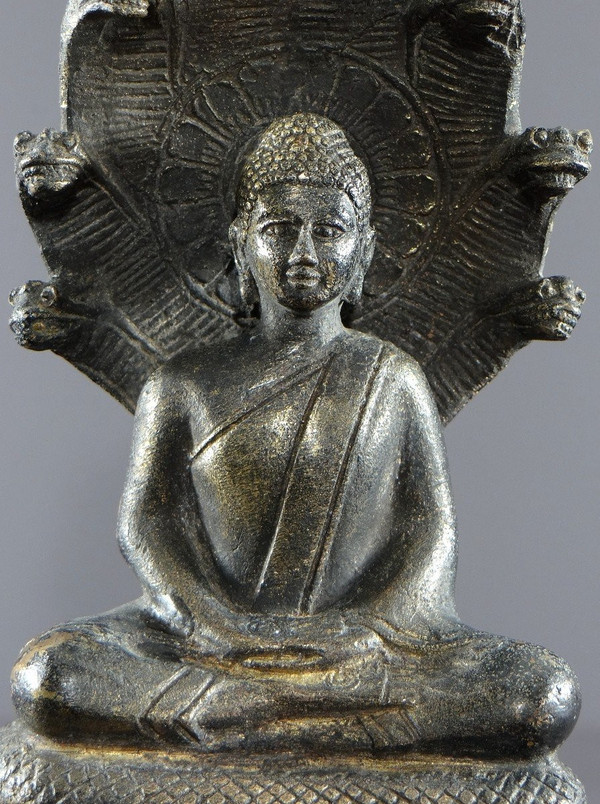 Thailand Or Burma, 1930s/1950s, Statue Of Buddha Under The Naga In Bronze.