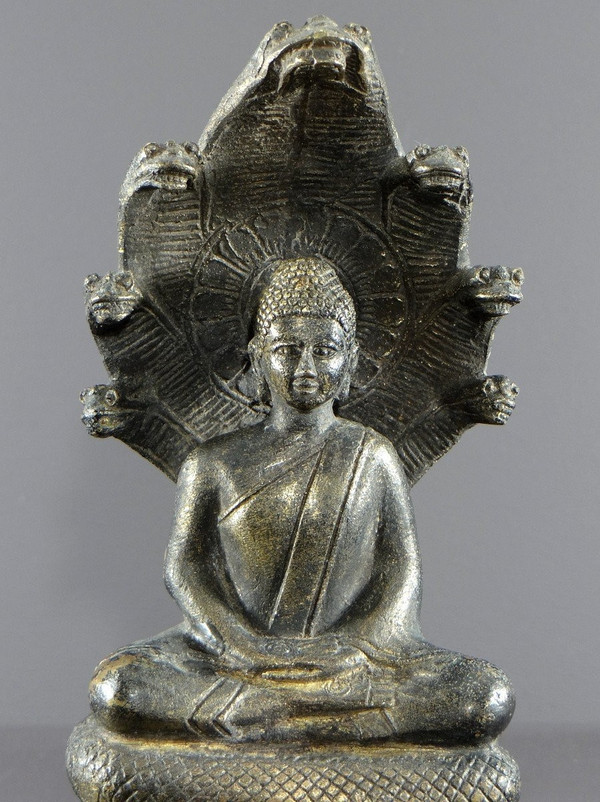 Thailand Or Burma, 1930s/1950s, Statue Of Buddha Under The Naga In Bronze.