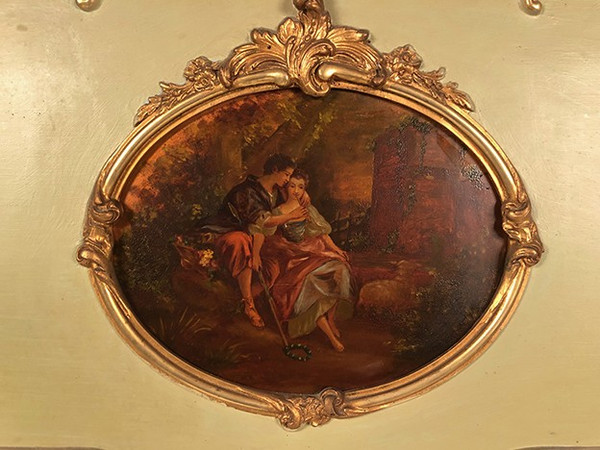 Large Louis XVI style trumeau, green lacquered wood, early 20th century gilding