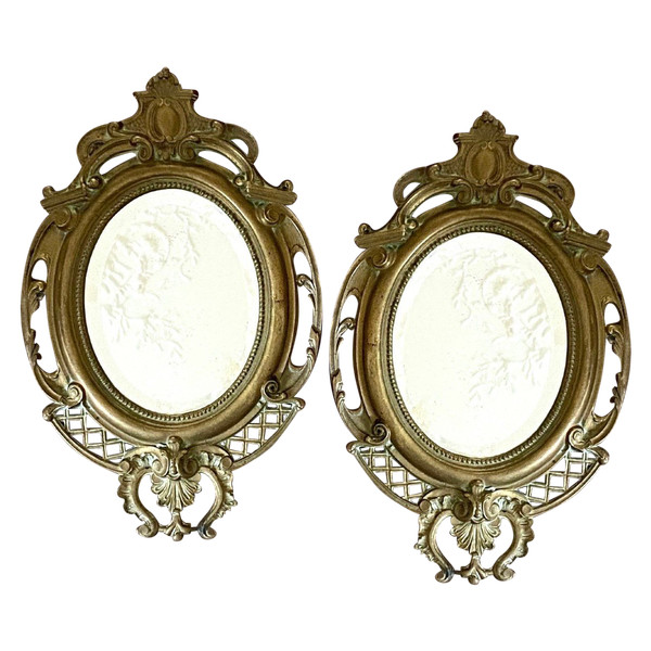 France, 1930s, Pair Of Mirrors Rocaille Style Bronze Frames.