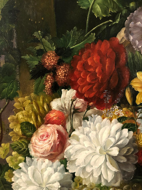 Peter Brooks. Immenses Stillleben mit Blumen und Früchten. Öl auf Leinwand XX. Jh. 2,2 m x 1,7 m