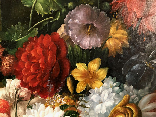 Peter Brooks. Immenses Stillleben mit Blumen und Früchten. Öl auf Leinwand XX. Jh. 2,2 m x 1,7 m