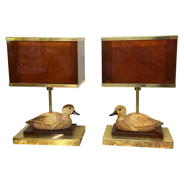 Paire De Lampes Canards En Laiton Et Bakélite Des Années 1970