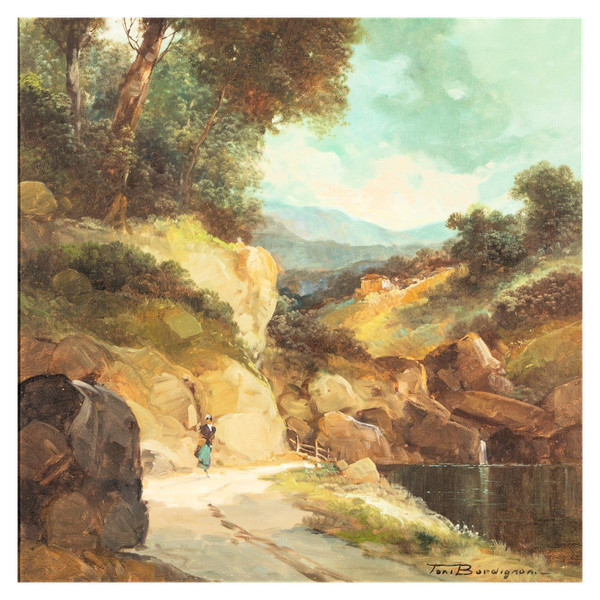 Capriccio landscape painting by TONI BORDIGNON (1921-), in the Old Master style