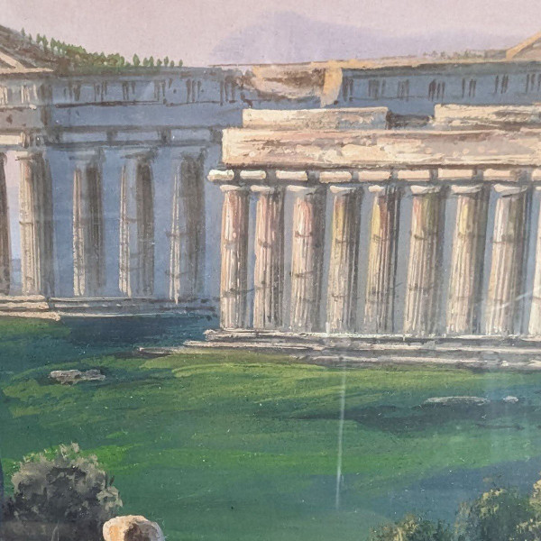 Large Neapolitan Gouache Temple Of Pesto 19th Century