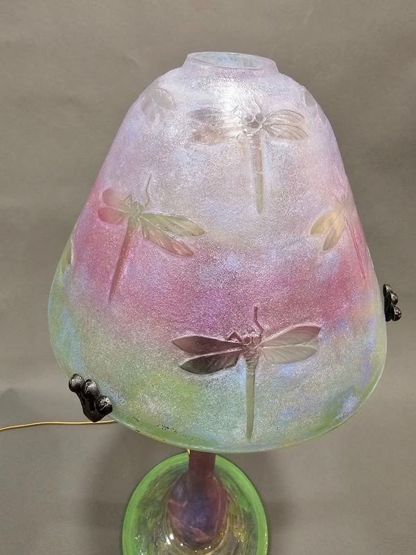 Daum Nancy Art Nouveau Mushroom Lamp "Dragonflies"