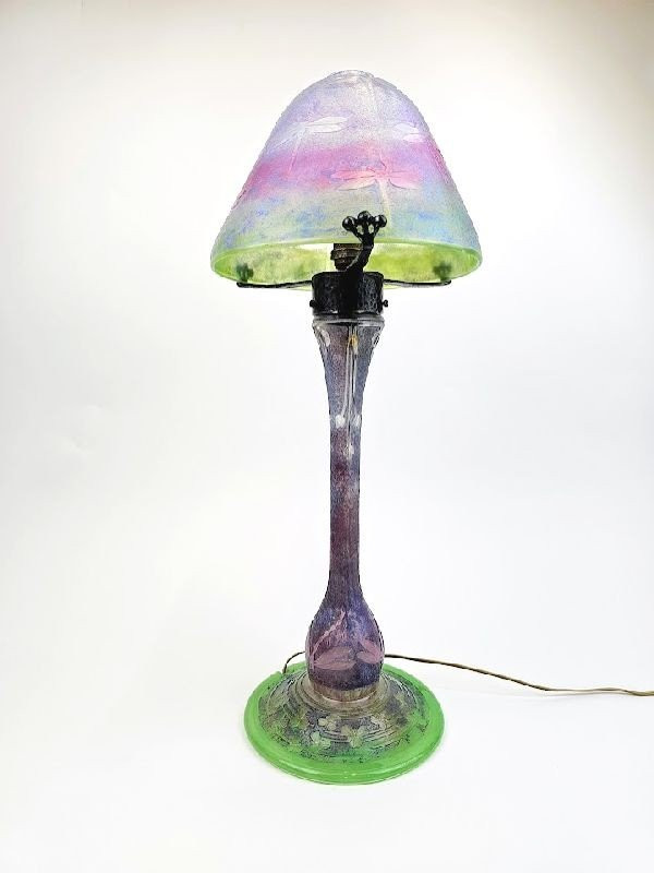 Daum Nancy Art Nouveau Mushroom Lamp "Dragonflies"