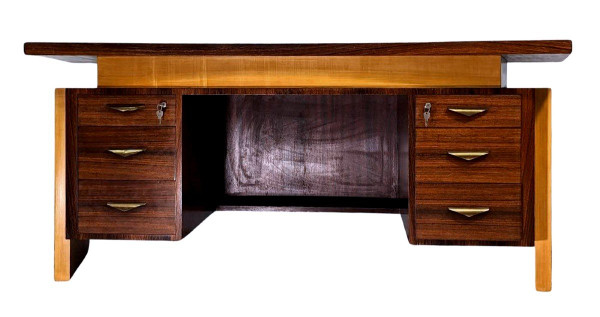 Large Presidential Desk with Box Art Deco Style 1930 from 1950 in Rosewood