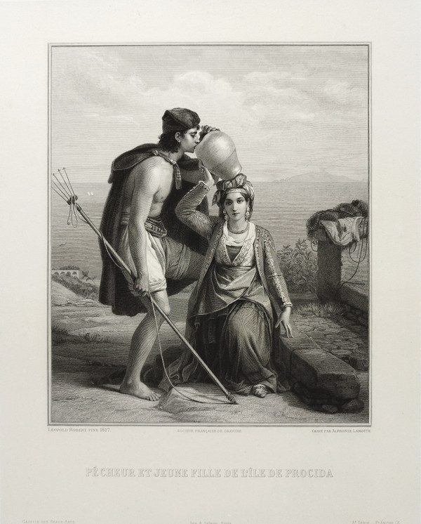 Gravure d'Alphonse Lamotte d'Après Léopold Robert Pêcheur Et Jeune Fille Grecque