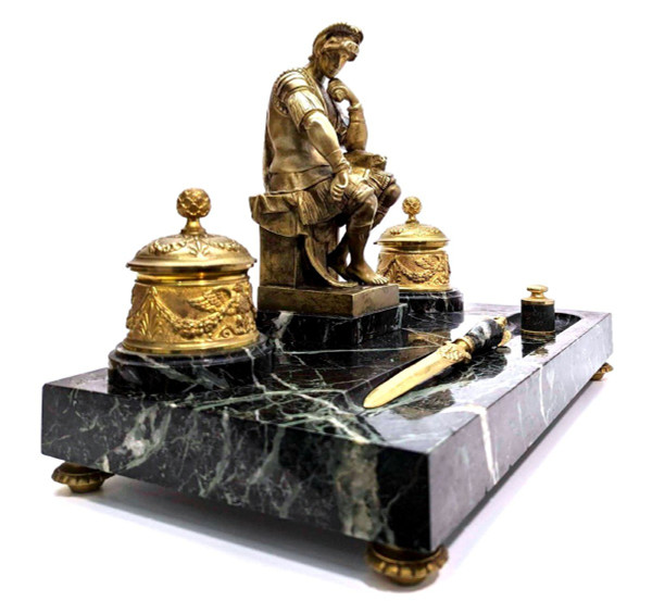 Large Inkwell Decorated By Laurent De Medici By Michelangelo Gilt Bronze And Green Marble