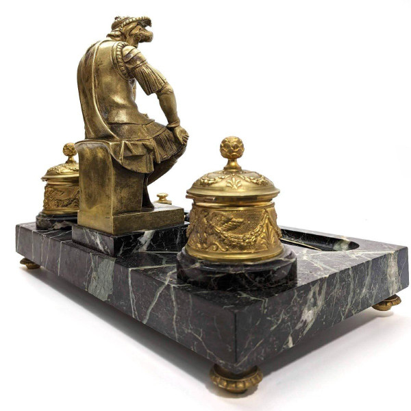 Large Inkwell Decorated By Laurent De Medici By Michelangelo Gilt Bronze And Green Marble