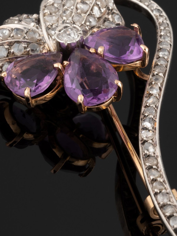 Pansy Brooch In Gold, Silver, Diamonds And Amethysts.