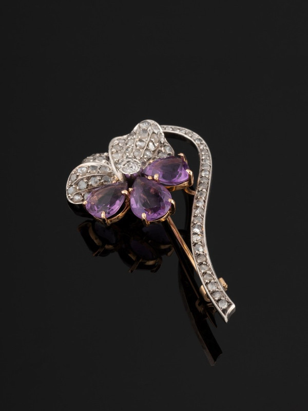 Pansy Brooch In Gold, Silver, Diamonds And Amethysts.