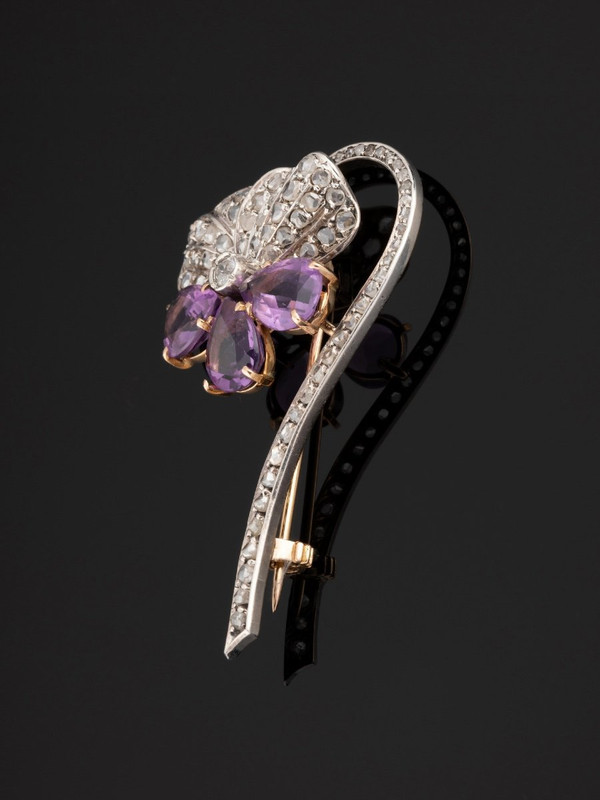 Pansy Brooch In Gold, Silver, Diamonds And Amethysts.