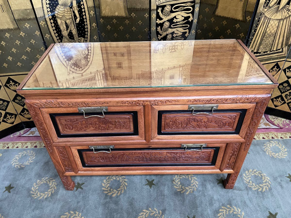 Indochinese Carved Panel Chest of Drawers