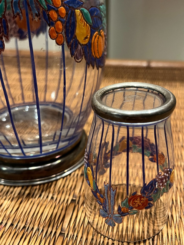 Carafe + glass set - Enameled glass and silver rim - Art Nouveau (1900)