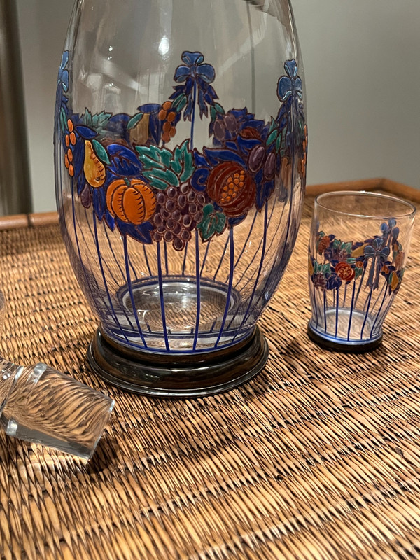 Carafe + glass set - Enameled glass and silver rim - Art Nouveau (1900)